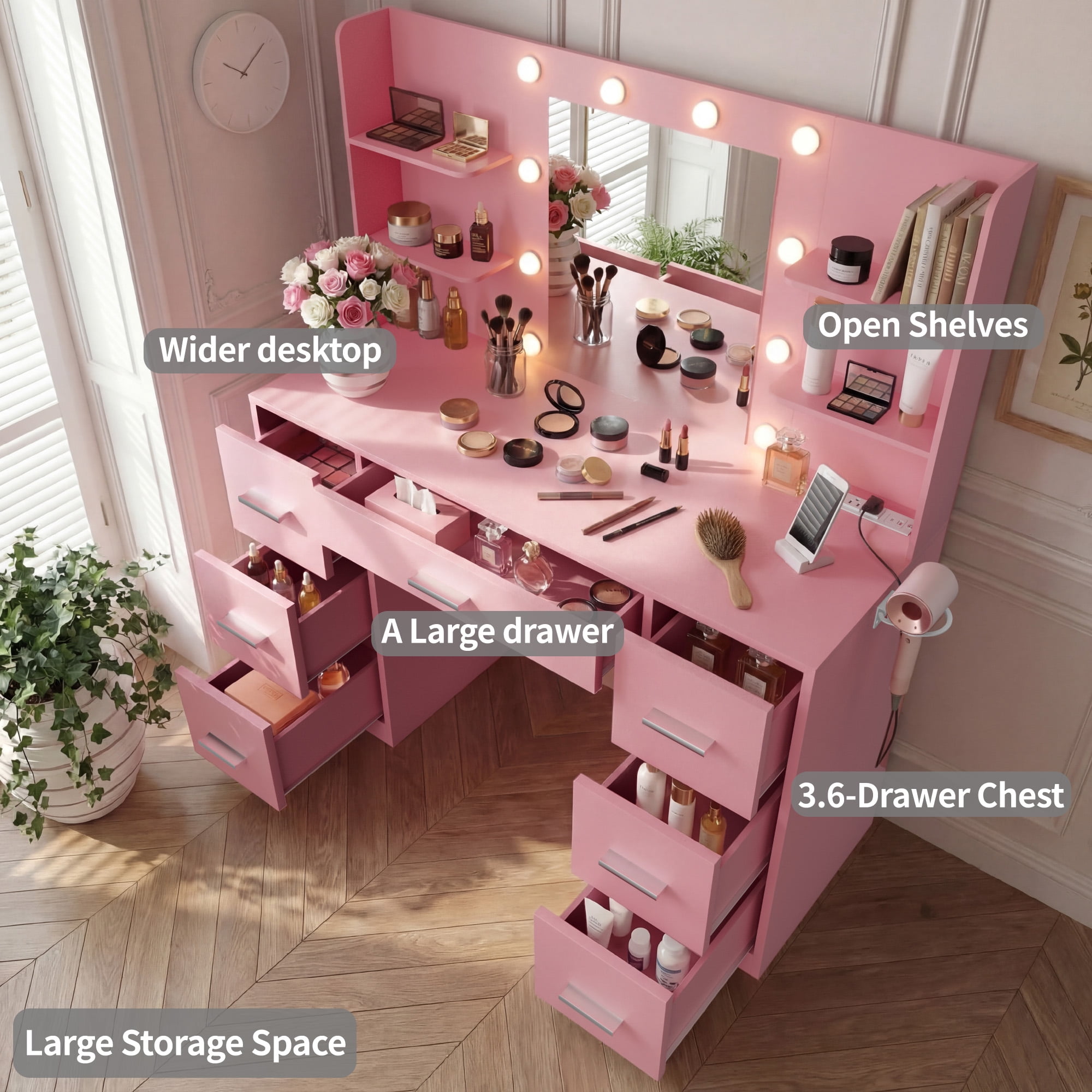 Lacoo Vanity Desk with Mirror and LED Lights, Makeup Vanity with 7 Drawers & 4 Shelves, Vanity Table with Power Outlet for Bedroom Dressing Room, Light Pink