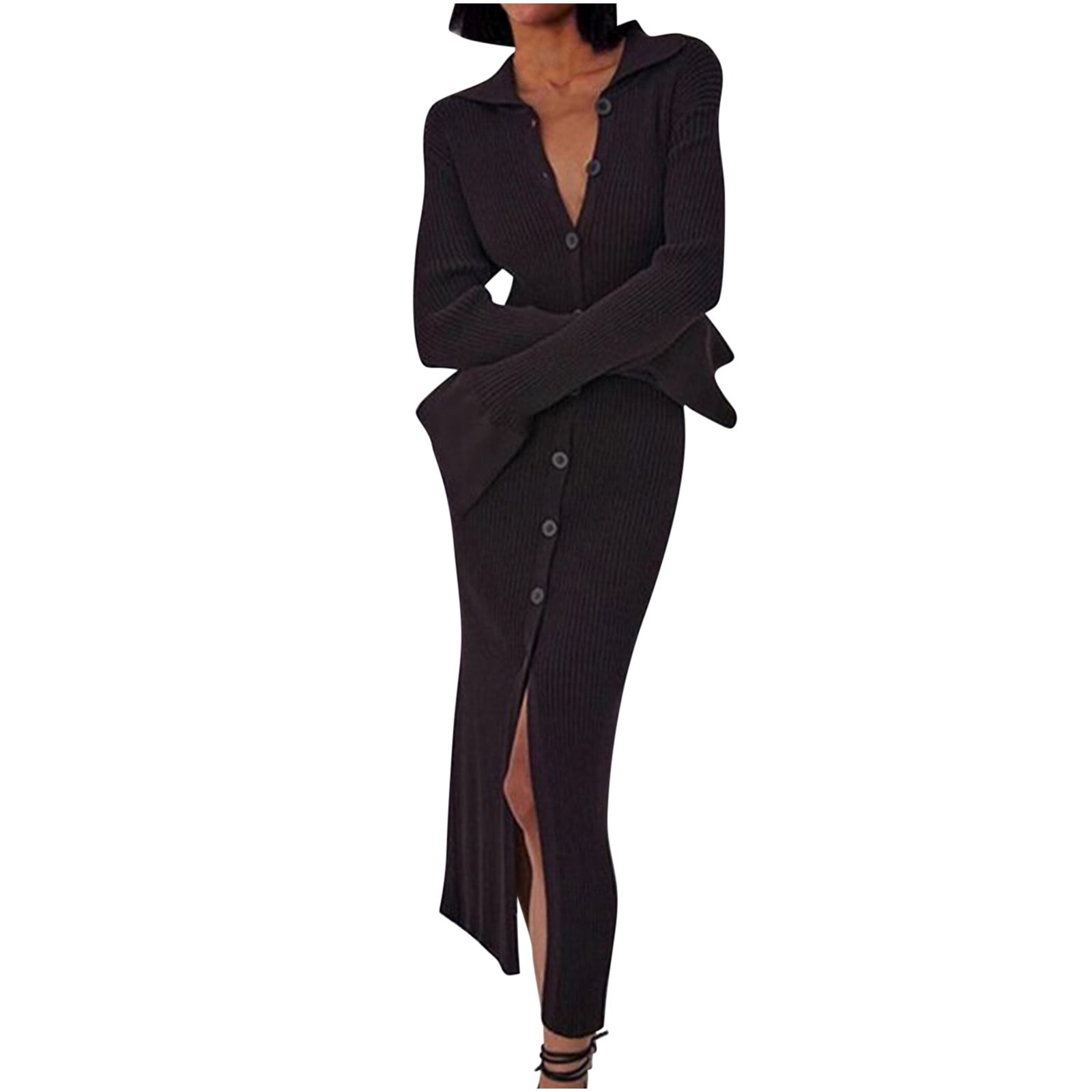 Womens Sweater Dresses Sexy Bodycon Maxi Dress Fashion Button Down V Neck Long  Sleeve Front Slit Fall Winter Dress - Walmart.com