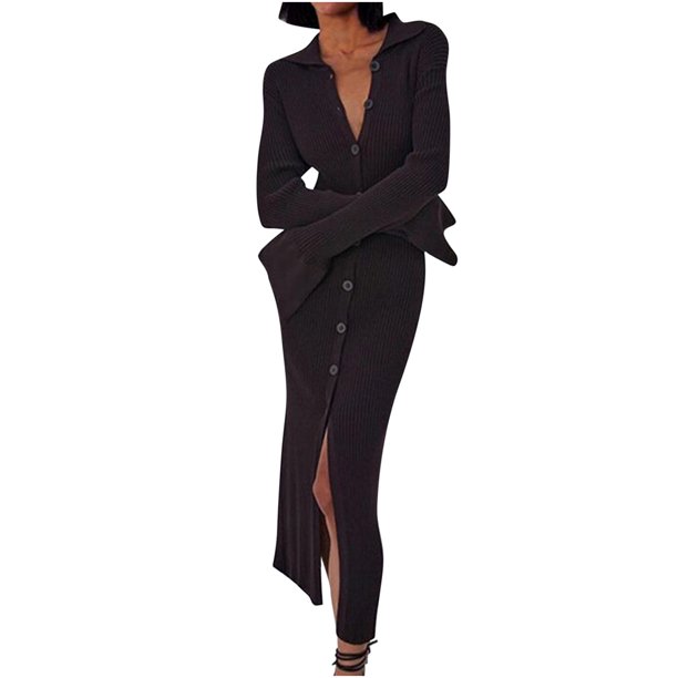Vestidos Para Mujer Vestidos de Otoño Otoño Moda Nueva Manga Larga Cuello en V Botón Largo Manga Acampanada Vestido de Suéter Odeerbi ODB173430