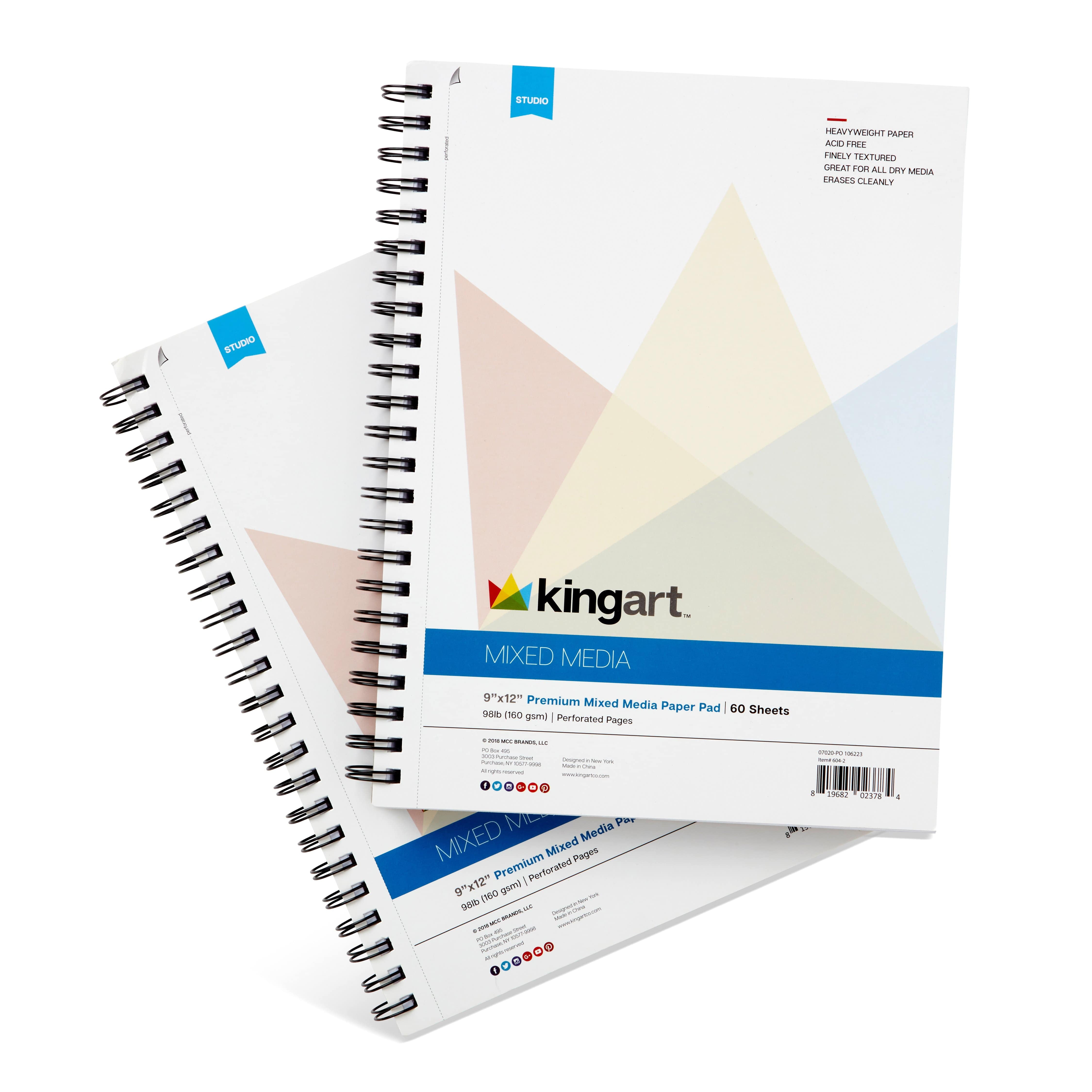 KINGART® Mixed Media Sketchbook, 9 x 12 Inches, 60-Sheet, 98lb/160gsm  Acid-Free Paper, Micro-Perforated, Spiral-Bound, Wet and Dry Media, KINGART