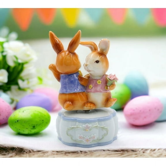 Ceramic Dancing Bunnies Music Box 3.625"x3.25" Play Its a Small World