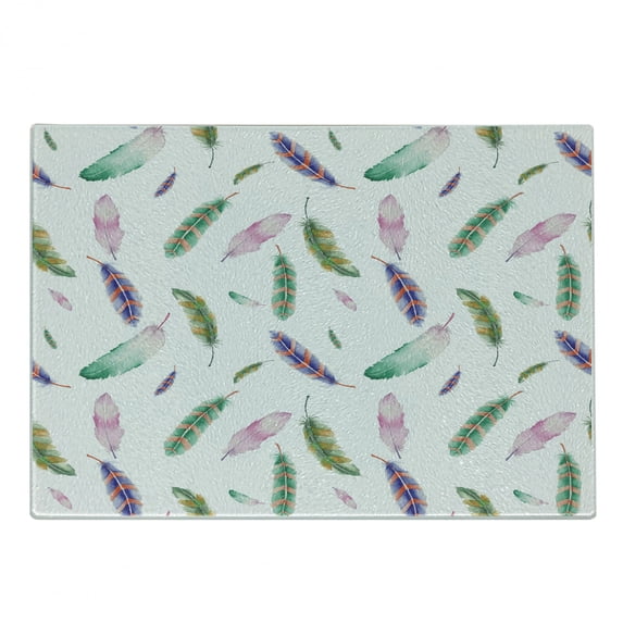Feathers Cutting Board, Irregular Watercolors Bird Feather Patterns in Soft Pastel Mint Plumage Design, Decorative Tempered Glass Cutting and Serving Board, Small Size, Multicolor, by Ambesonne