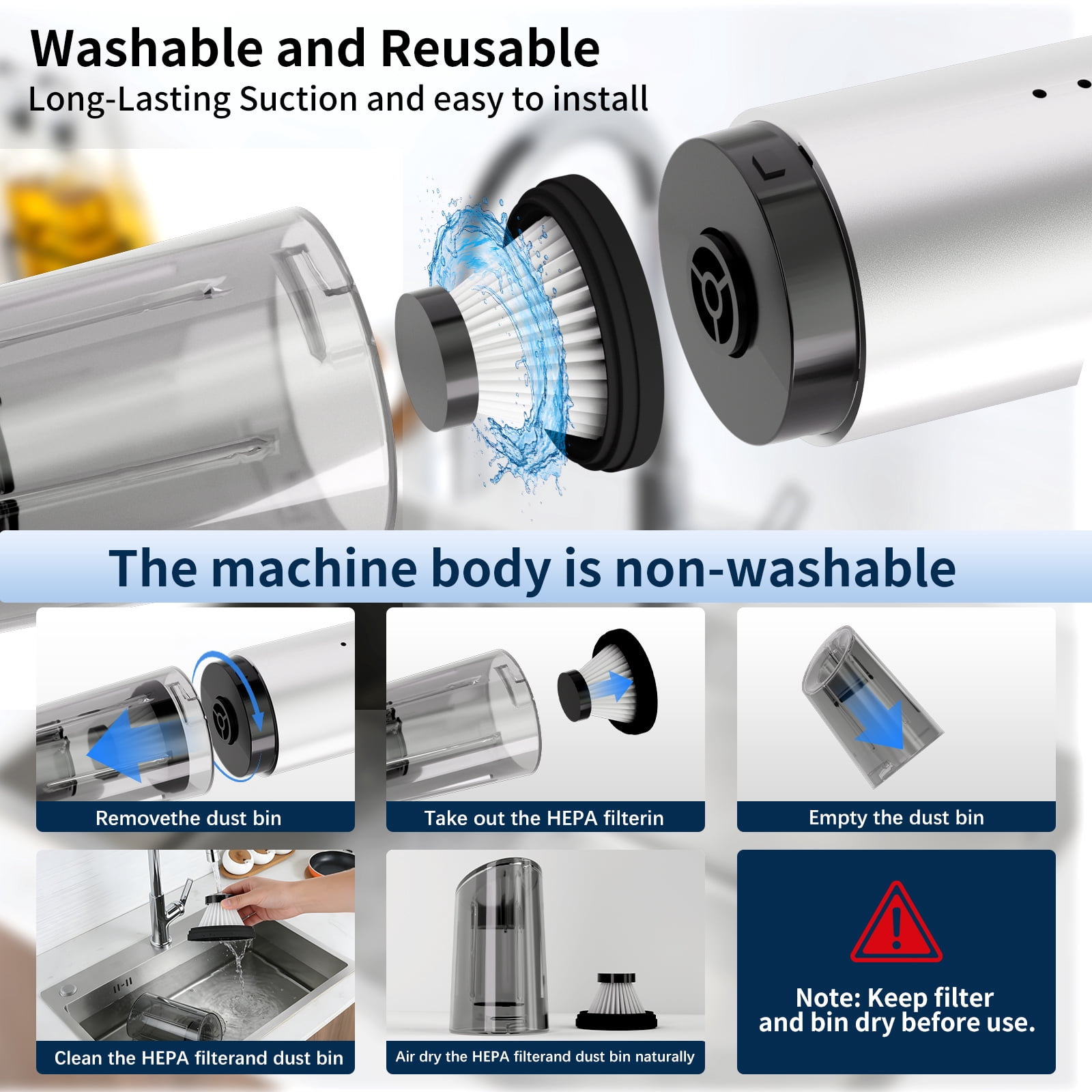 KASONIC Handheld Vacuum Cordless, 10000PA Strong Suction Car Vacuum Cleaner with Reusable HEPA Filter , Portable Rechargeable Dust Busters for Home, Car, Office, Pet Hair