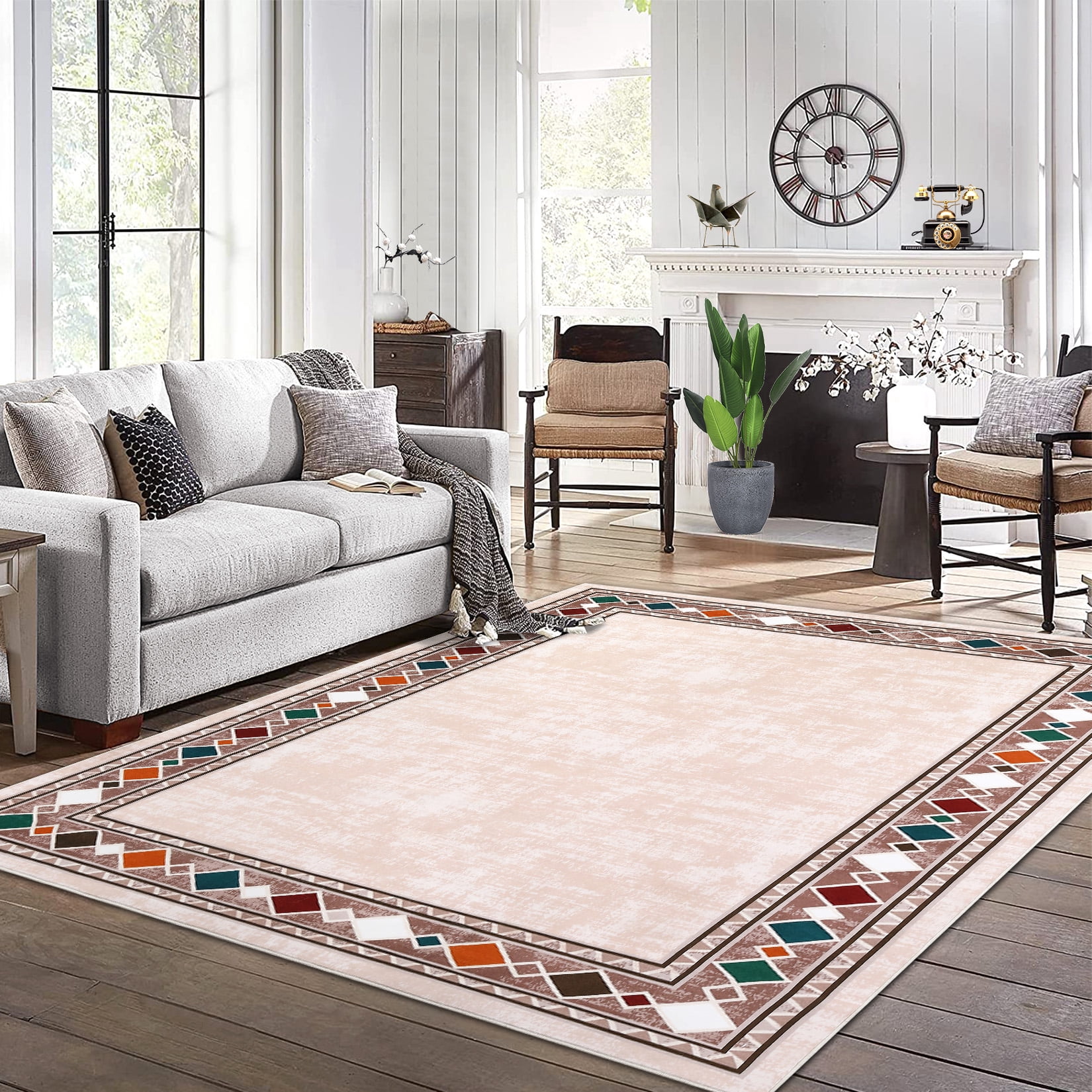 Garvee 9'x12' Geometric Bordered Area Rugs Contemporary Rugs for Living Room, Non-Slip Washable Rugs Soft Throw Rugs Low-Pile Stain Resistant Carpet for Bedroom Dining Room Farmhouse, Beige