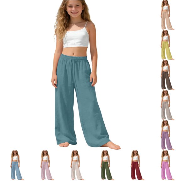 Oiyii Toddler Girl's Comfort Fit Trousers Solid Linen Flowy Loose Pants Everyday Casual Bottoms,Army Green