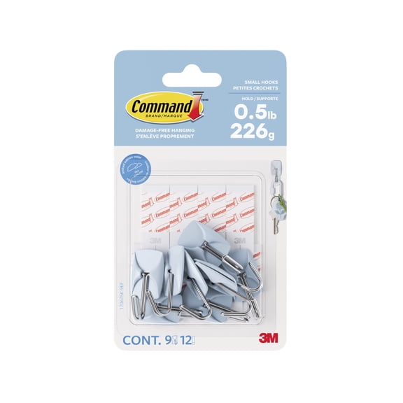 Command Small Wire Hooks, Sky, Holds .5 lbs, 9 Hooks, 12 Adhesive Strips