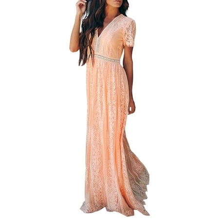 XIUH Womens Solid Color Lace Ruffle Hem Flowy Dress V Neck Short Sleeve Swing Maxi Dress Pink XL