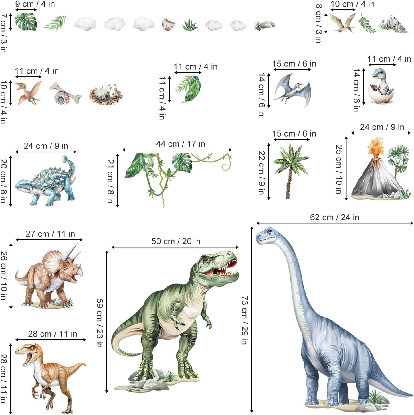 Large Dinosaur Wall Stickers Watercolor Tropical Animals Dino Plants Volcano Wall Art Decals for Boys Room Baby Nursery Kids Bedroom