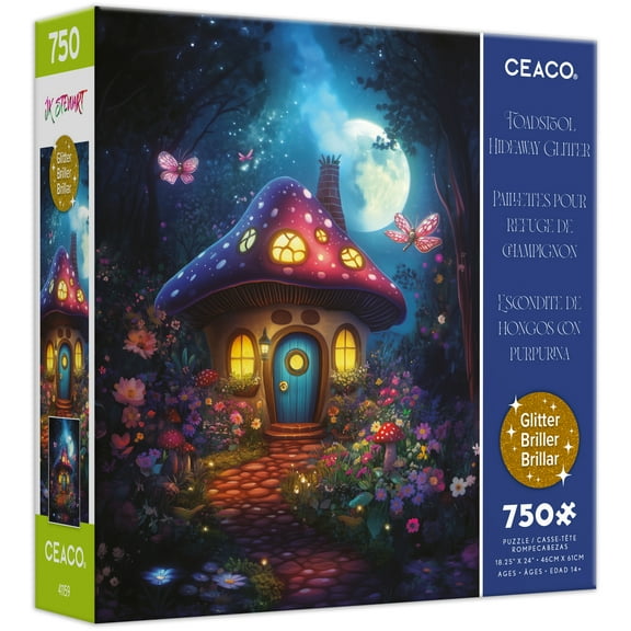 Ceaco JK Stewart Durwaigh Toadstool Hideaway Glitter 750-PC Interlocking Jigsaw Puzzle for Adults Ages 14 