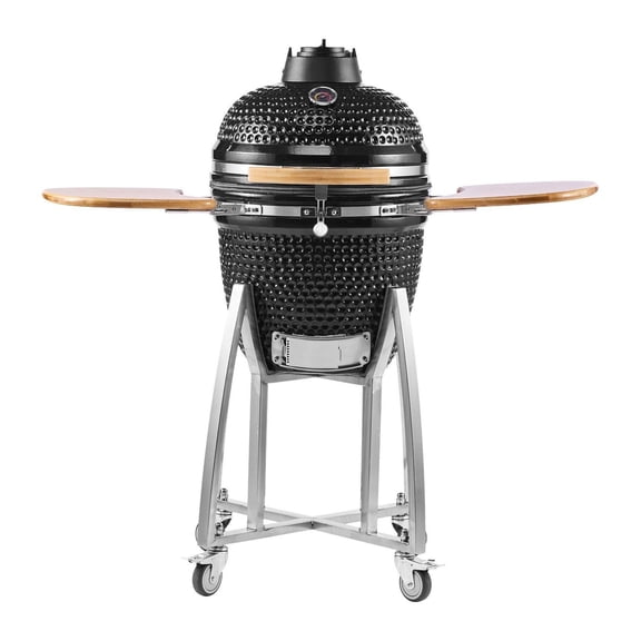 Kamado Charcoal Smoker Grill 18", BBQ Ceramic Grill with Wheels, Built-in Thermometer & Side Shelf, Portable Outdoor Patio Cooking