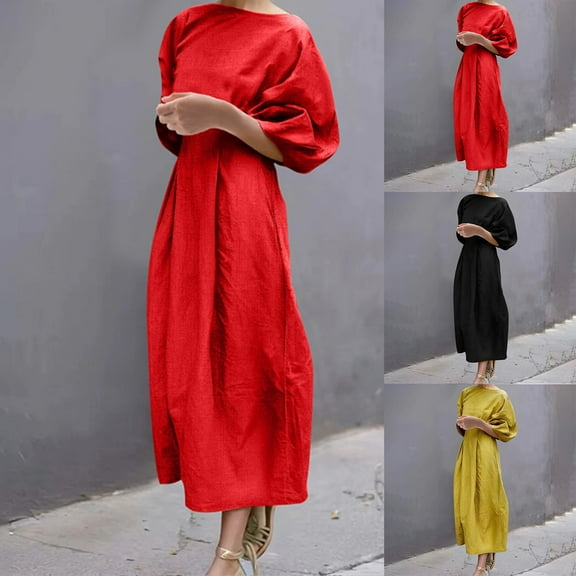 ZZwxWA Women's Summer Casual Long Dress Puff Sleeve High Waist Midi Dresses Solid Color Womens Sun Dress