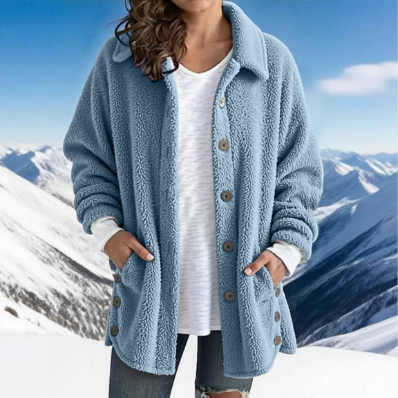 Women Jacket Fuzzy Sherpa Winter Warm Comfy Coats (Blue XXL)