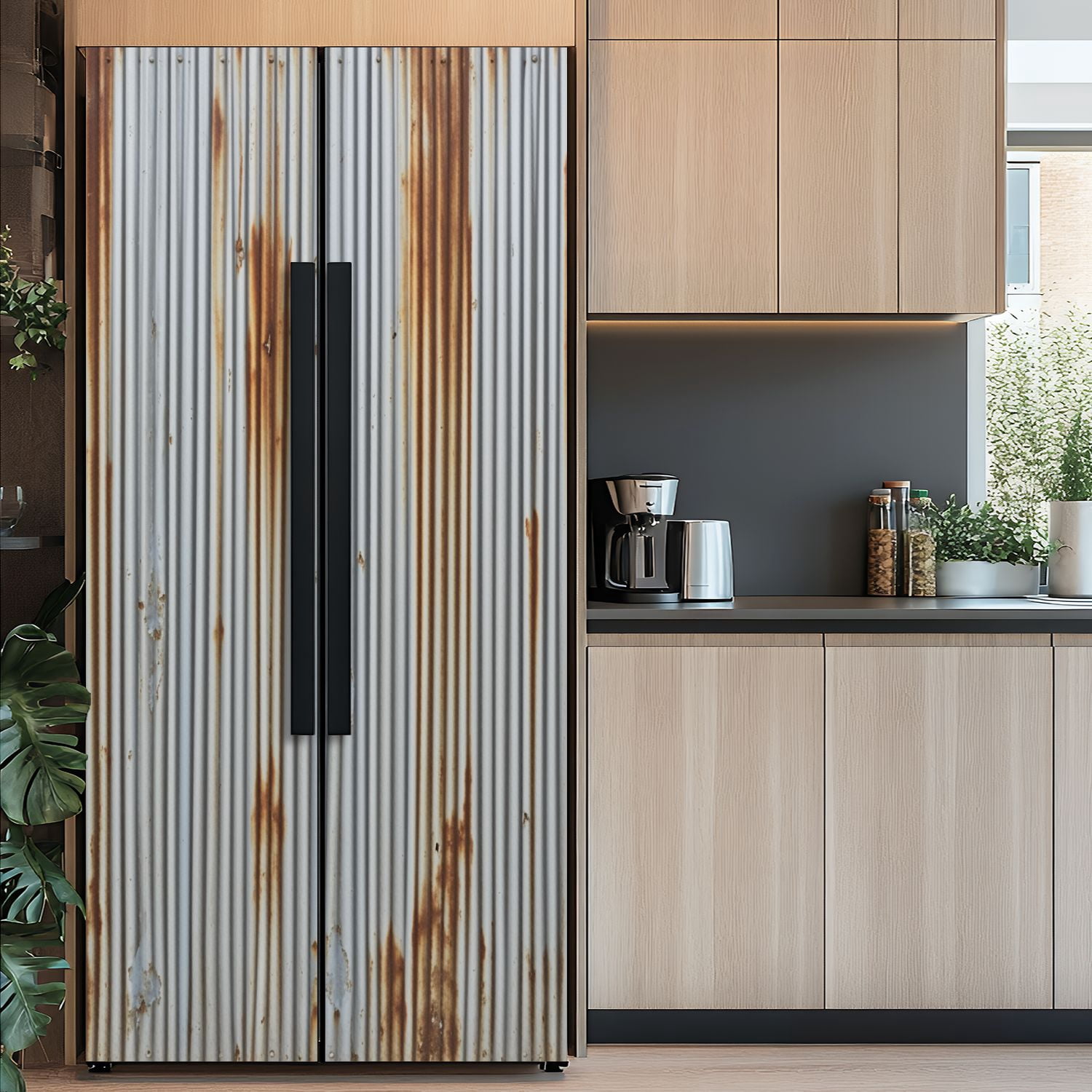 Self Adhesive Vinyl Refrigerator Wrap Set Rusty Corrugated Metal Weathered Gray Orange Patina Door Mural Removable Fridge Sticker Peel and Stick&nbsp;Full Door Cover Decal Kitchen Bar Decor