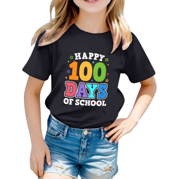 Girls Kids T Shirts 2026 Cute 100 Days Of School Printed Short Sleeve Pullover Tops Loose Comfy Pullover Casual School Wear Tees