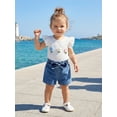 thumbnail image 3 of BemeyourBBs Toddler Baby Girls 2 Piece Summer Clothes Infant Baby Girl Denim Outfit Ruffle Short Sleeve 3D Flower Decor Ribbed Shirt Tops and Pockets Jeans Denim Shorts Sets, 3 of 9