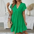 thumbnail image 2 of Women's Casual V Neck Short Sleeve Dress For Everyday Wear Basic Solid Color Summer Spring Outfit With Necklace Styling, 2 of 2