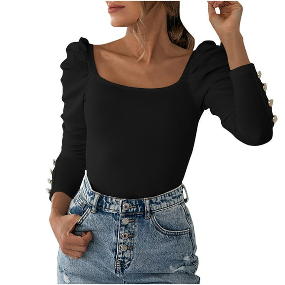 STETMN Women's Square Neck Shirt Slim Fit Button Puff Sleeve Tops Lightweight Plain Warm Knit T-Shirt