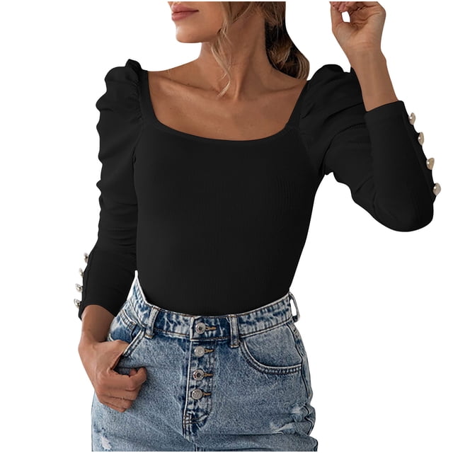 AherBiu Womens Blouses Trendy Long Sleeve Comfy Tops Ribbed Knitted Slim Tight Stretchy Fall Shirts