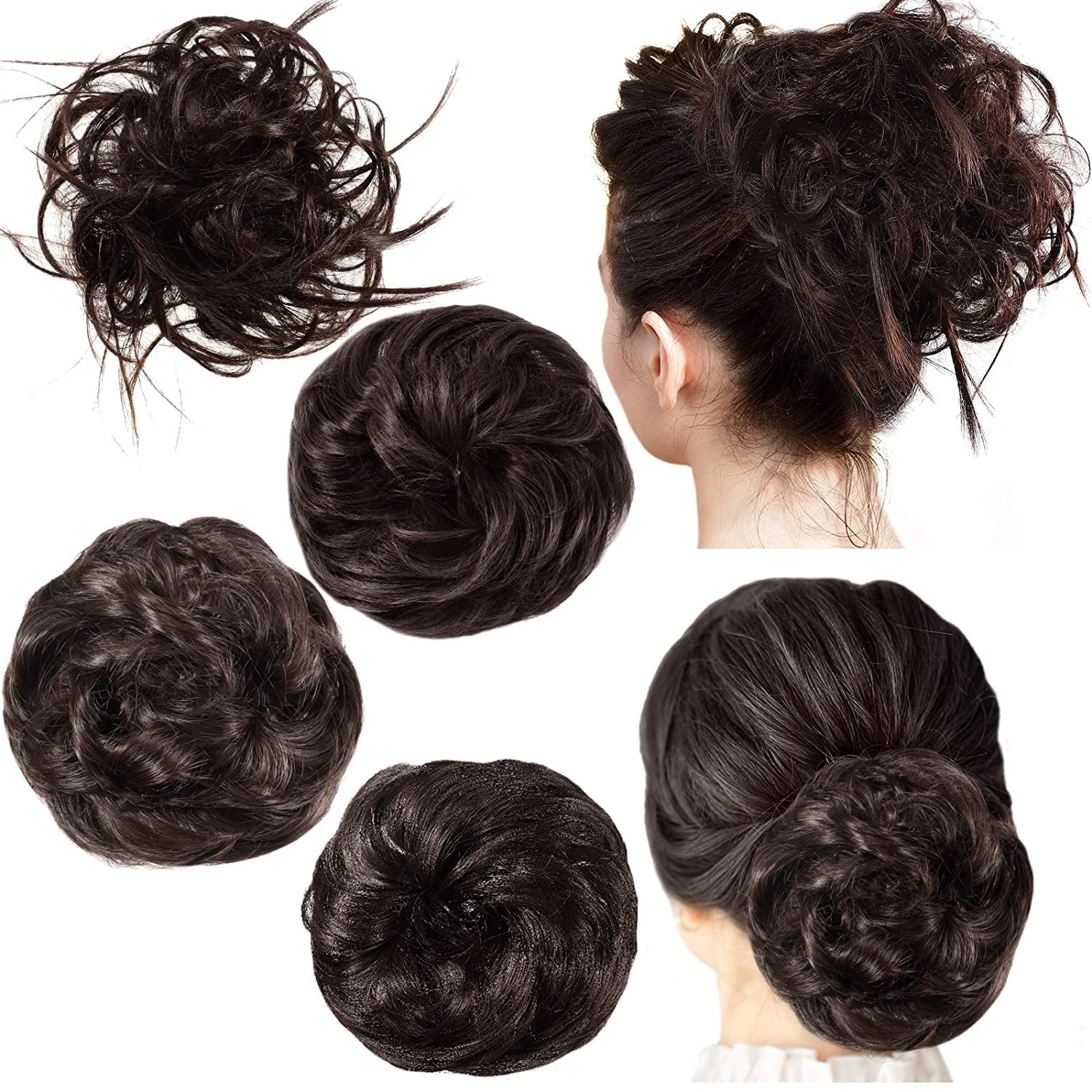 4 Pieces Messy Hair Bun Straight Hair Bun for Women Hair Extensions Short Ponytail Bun Elastic Easy Scrunchies Hairpiece Voluminous Curly Hair Accessories for Women Girls Brown Dark Brown Walmart