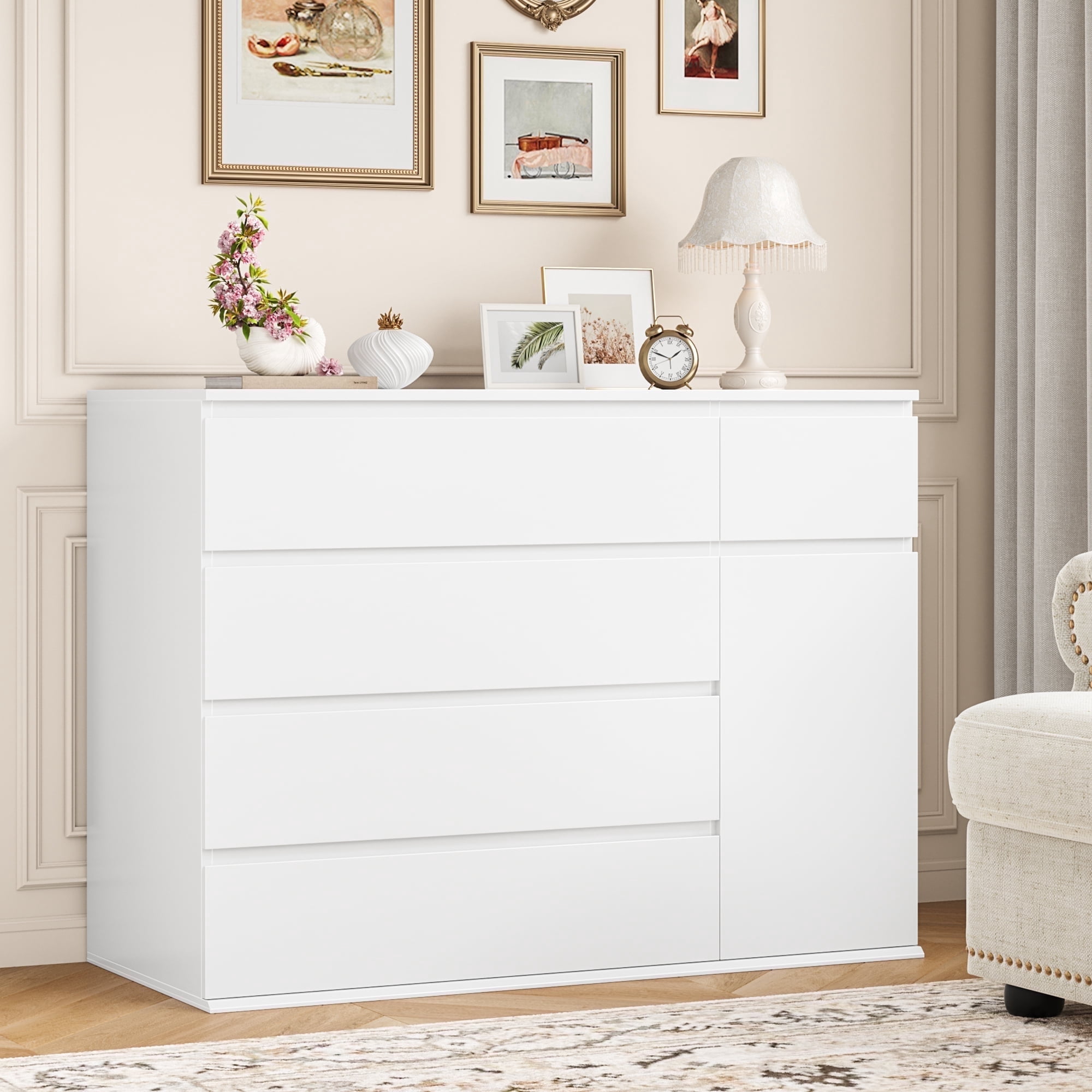 Homfa 5 Drawer White Dresser with Door, Modern Accent Storage Cabinet Chests of Drawers for Bedroom Living Room