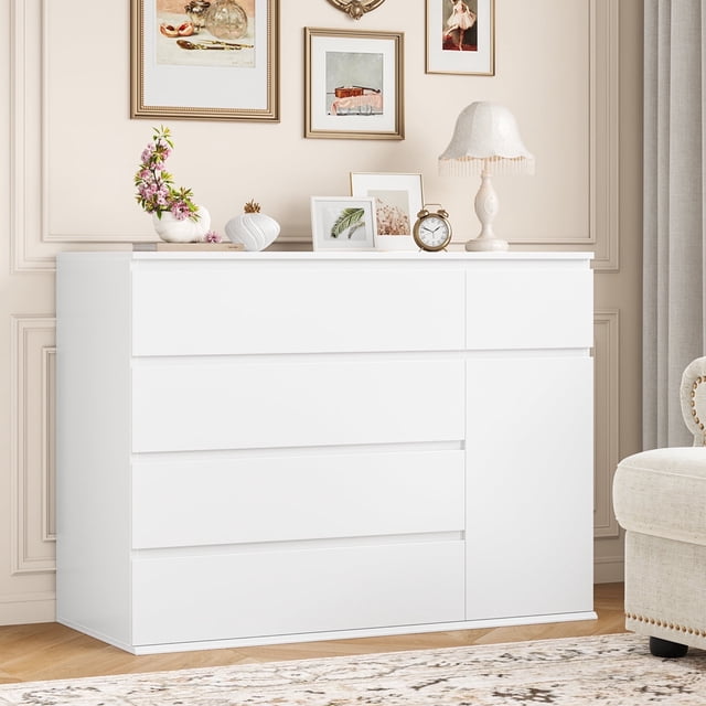 Homfa Commode Blanche à 5 Tiroirs avec Porte, Armoire de Rangement Moderne d'Accent Commodes pour Chambre Salon