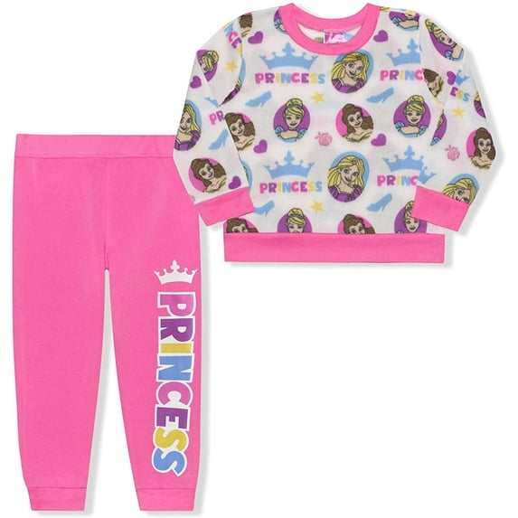 Princess Cinderella, Rapunzel and Belle Girls 2 Piece Crewneck All Over Print Long Sleeve and Jogger Set, 4-6X