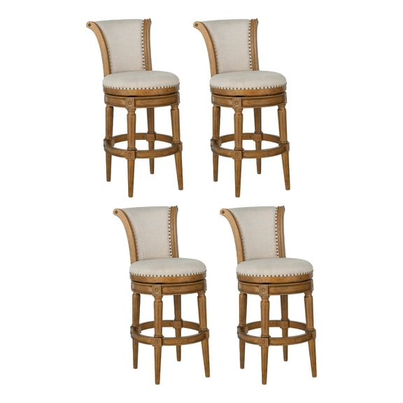 ROME OAK Runyan 31" Swivel Bar Stool in Weathered Oak with Sand Fabric Seat, Set of 4