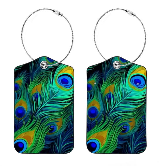 Luggage Tag, Travel Tags, Handbag Tag - Square PU Leather 2 Pack with Privacy Cover and Stainless Steel Ring - Suitable for Travel, Backpack, Handbag [Amazon Approved] Peacock Feather