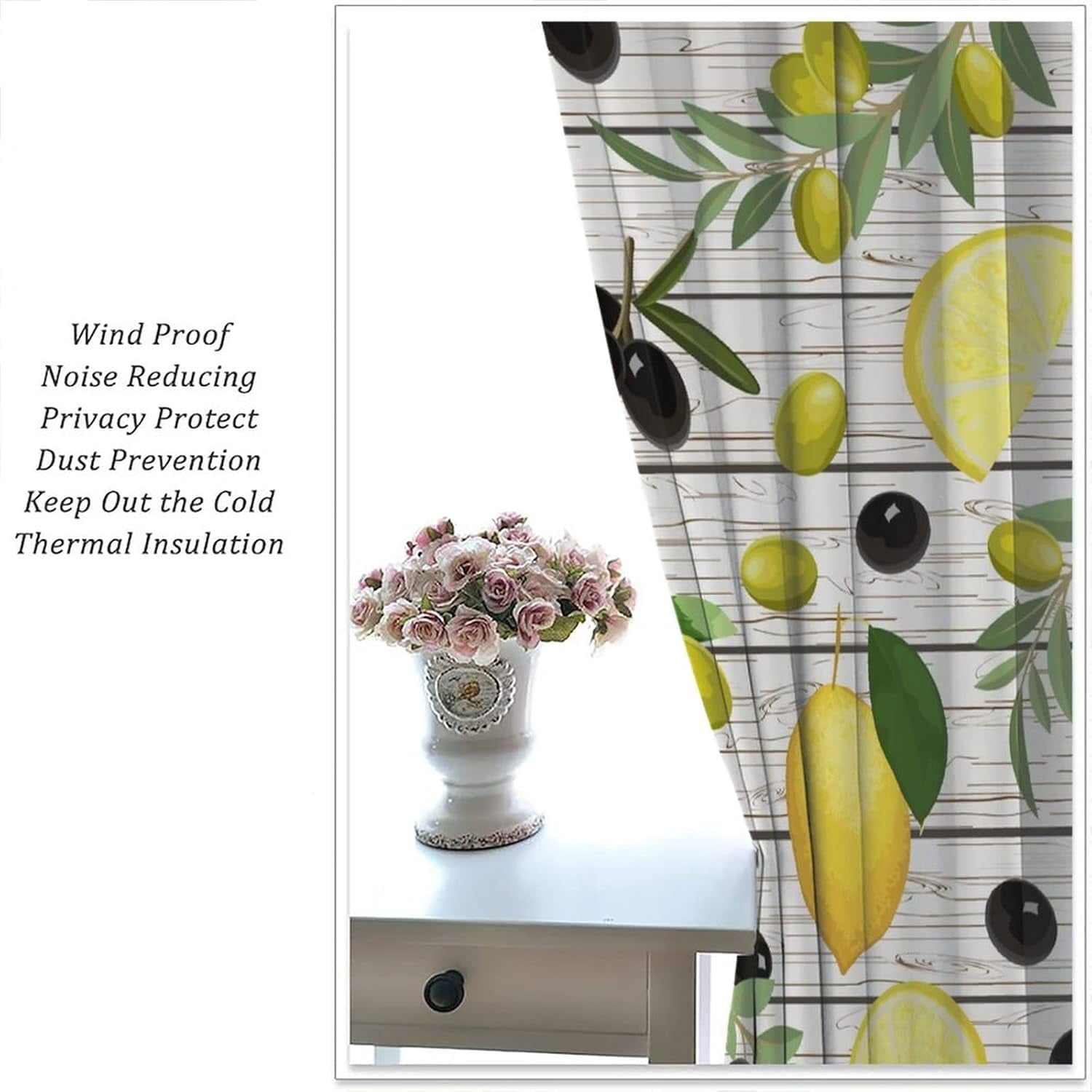 Lemon and Olive Shade Curtains, Yellow Lemon and Black Olive Branches On Wood Background, Bedroom Living Room Rod Pocket Design, 2 Sets of Panels, 52x84 Inches.