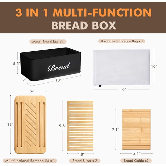 Bread Slicer with Bread Box, Black Bread Storage Container for Kitchen Countertop with Multifunction Bamboo Lid, 3 in 1 Breadbox for Loaf Slicing & Tray, Bread Holder for Kitchen