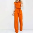 thumbnail image 3 of Scyoekwg Women 2 Piece Outfits Solid Color Sleeveless Turndown Collar Button Pocket Tops Solid Color Elastic Waist Tie Pants Sets (Orange,L), 3 of 7