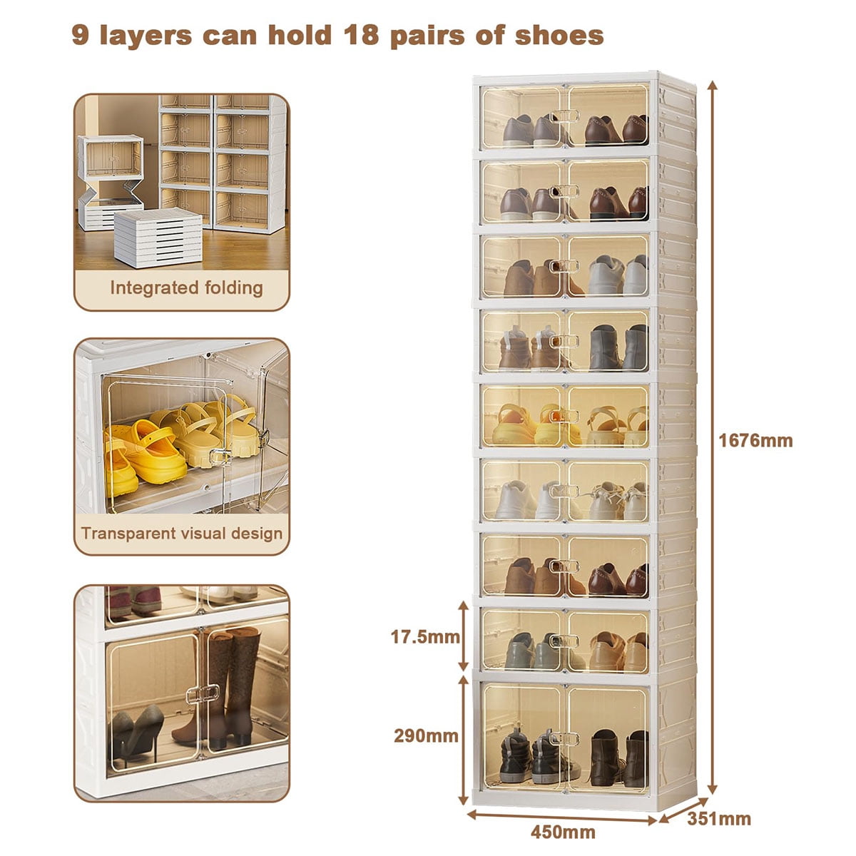 Foldable Storage Box, No Assembly Stackable Shoe Organizer Storage Bin With Magnetic Doors, Clear Collapsible Plastic Shoe Rack Shoe Cabinet