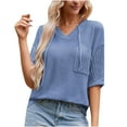 thumbnail image 2 of Oksale V Neck Sweaters for Women with Hood Trendy Patchwork Crochet Half Sleeve Hoodies Hollow Out Knit Top Soft Cozy Tops Blue XL, 2 of 3