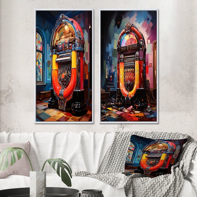 Designart "Jukeboxes Nostalgic harmonies I" Jukeboxes Framed Wall Art Set Of 2 - Orange Fashion Framed Canvas Set For Living Room Decor