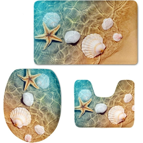 Water Seashell Beach Bath Rug Around Toilet Soft Toilet Lid Seat Cover Flannel Ultra Absorbent Bathroom Mats Floor Mats Kitchen