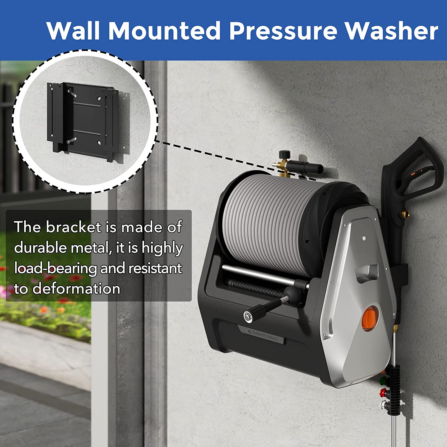 Giraffe Tools Grandfalls Pressure Washer Plus Soft, Electric Pressure Washer Wall Mount, 100ft Retractable Pressure Washer Reel, 4 Quick Connect Nozzles, Foam Cannon, Cleaning Patios, Cars, Driveways - image 5 of 7