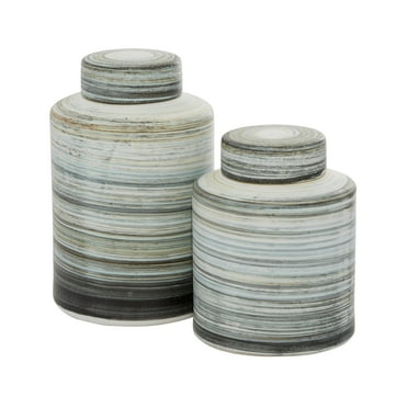 DecMode 13", 10"H Gray Ceramic Striped Decorative Jars, 2-Pieces