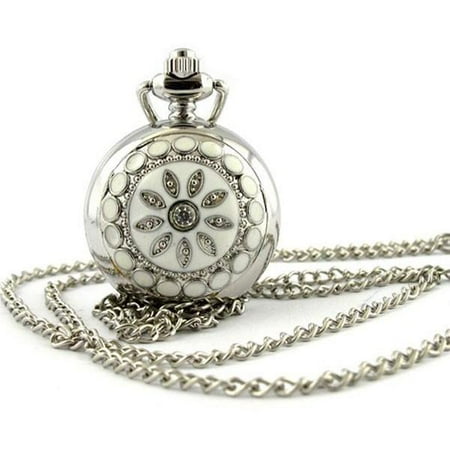 - White Pearl Flower Vintage Style Mini Pocket Watch Necklace Stainless Steel