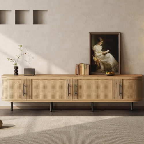 70" Modern TV Stand with Rattan Doors for TVs up to 80", Media Console with Storage & Cable Holes, Entertainment Center for Living Room, Natural Wood