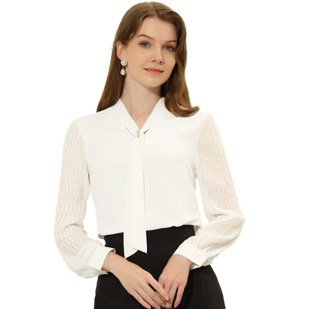 Blusa de trabajo de oficina con cuello de corbata y botones de manga larga transparente elegante para mujer blanco L Allegra K Blusa Walmart en linea