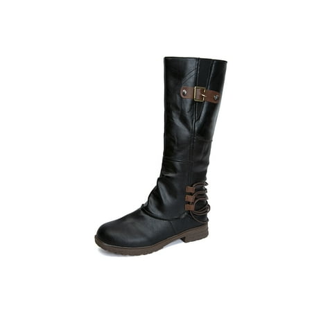 

Difumos Ladies Nonslip Low Heel Biker Boots Fashionable High Top Outdoor Comfort Retro Knee-High Boot Black 7.5