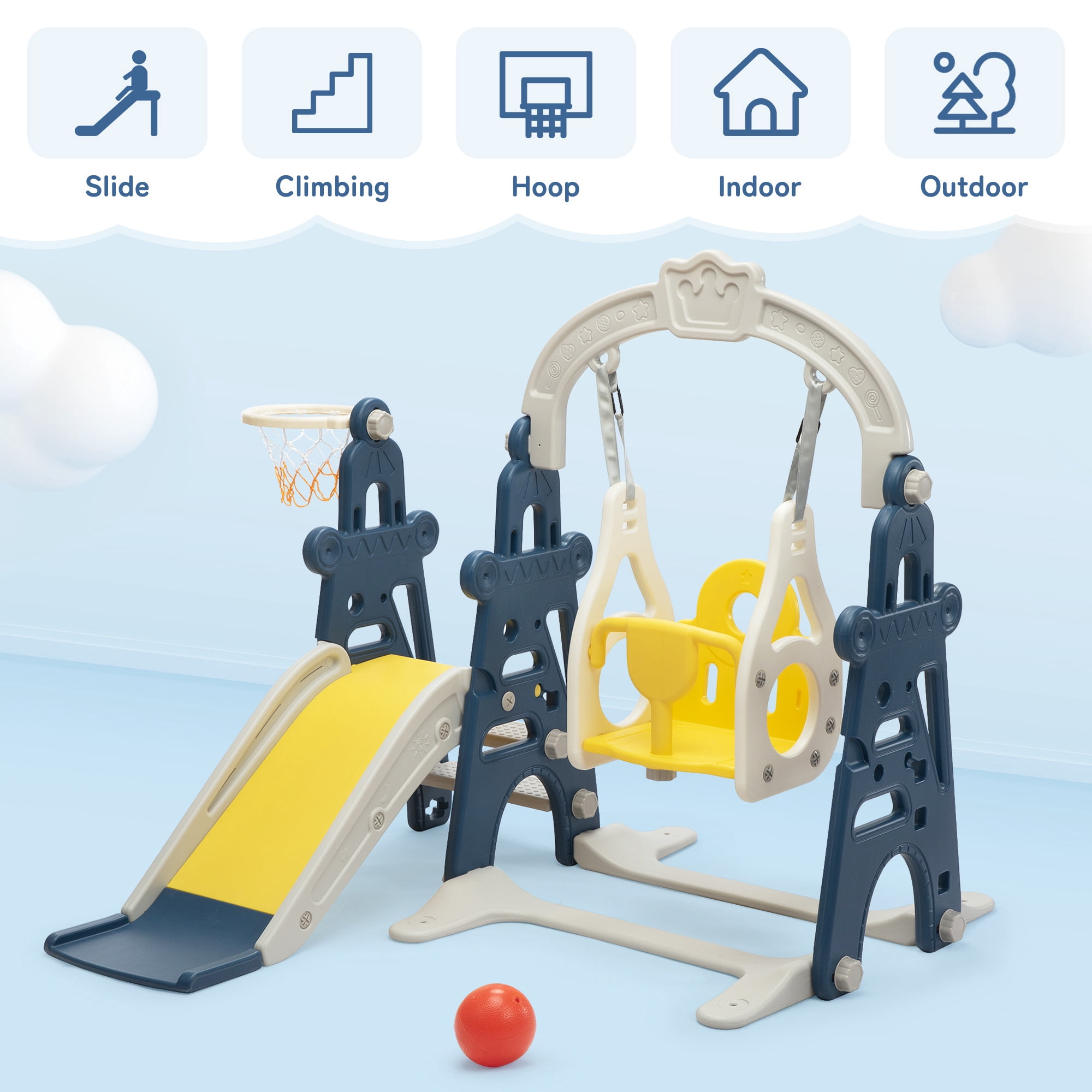 TOBBI 4 in 1 Slide and Swing Set for Toddlers, Indoor Slide Climber Toy, Swing Style,Blue,1+