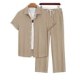 thumbnail image 5 of BLTIBY Mens Summer Set 2 Piece Beach Outfits Short Sleeve Button Down and Drawstring Pants Matching Vacation Sets with Pockets Khaki S, 5 of 6