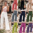 thumbnail image 2 of Overseas Women's Linen Elastic Waist Wide Leg Pants Casual Trousers Set, 2 of 5