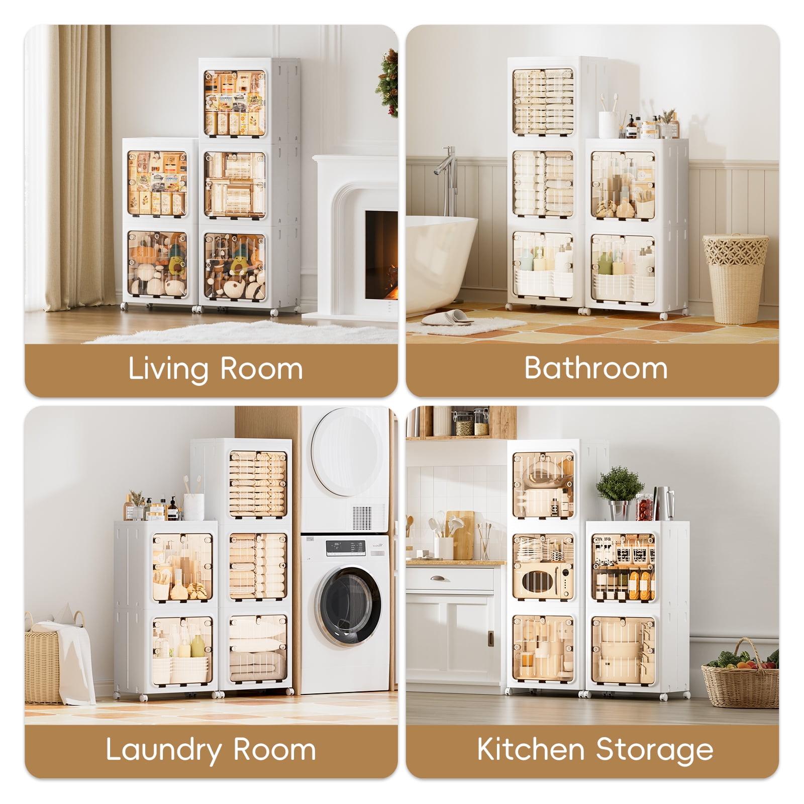 JEKO&JEKO 3-Tier Bathroom Storage Cabinet with Wheels, Lockable Doors, Plastic Organizer for Kitchen, Laundry Room, White