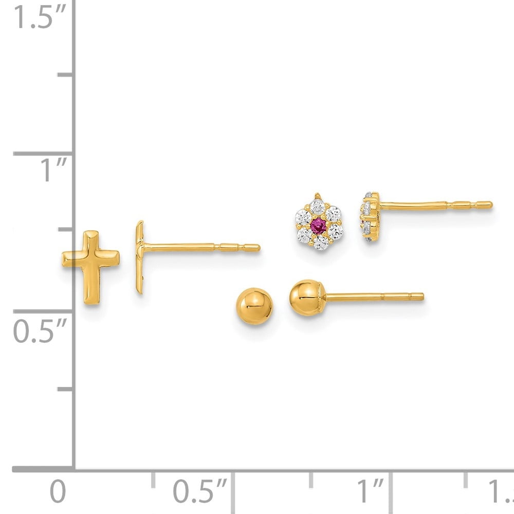 Auriga Fine Jewelry 14K Yellow Gold Ball CZ Flowers and Cross 3 Pair Stud Set Earrings for Women (L 6mm, W- 4.68mm)