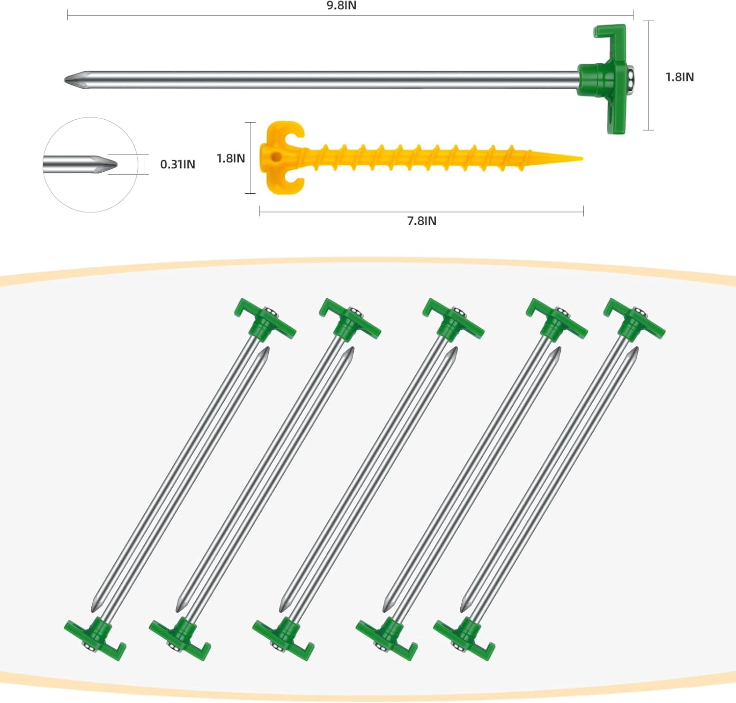 WarmH 20+2PCS Tent Stakes Heavy Duty Camping Stakes,9.8Inch Non-Rust Metal Tent Pegs Ground Stakes Tent Spikes Camping,Garden,Hiking Green