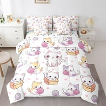 Homewish Kawaii Purple Kitten Twin Bedding Sets 7-Piece, Cartoon Cat Lover Bedding Comforter Set, Teens Kids Boys Girls Reversible Sheet Sets, Ultra Soft Bedroom Decor