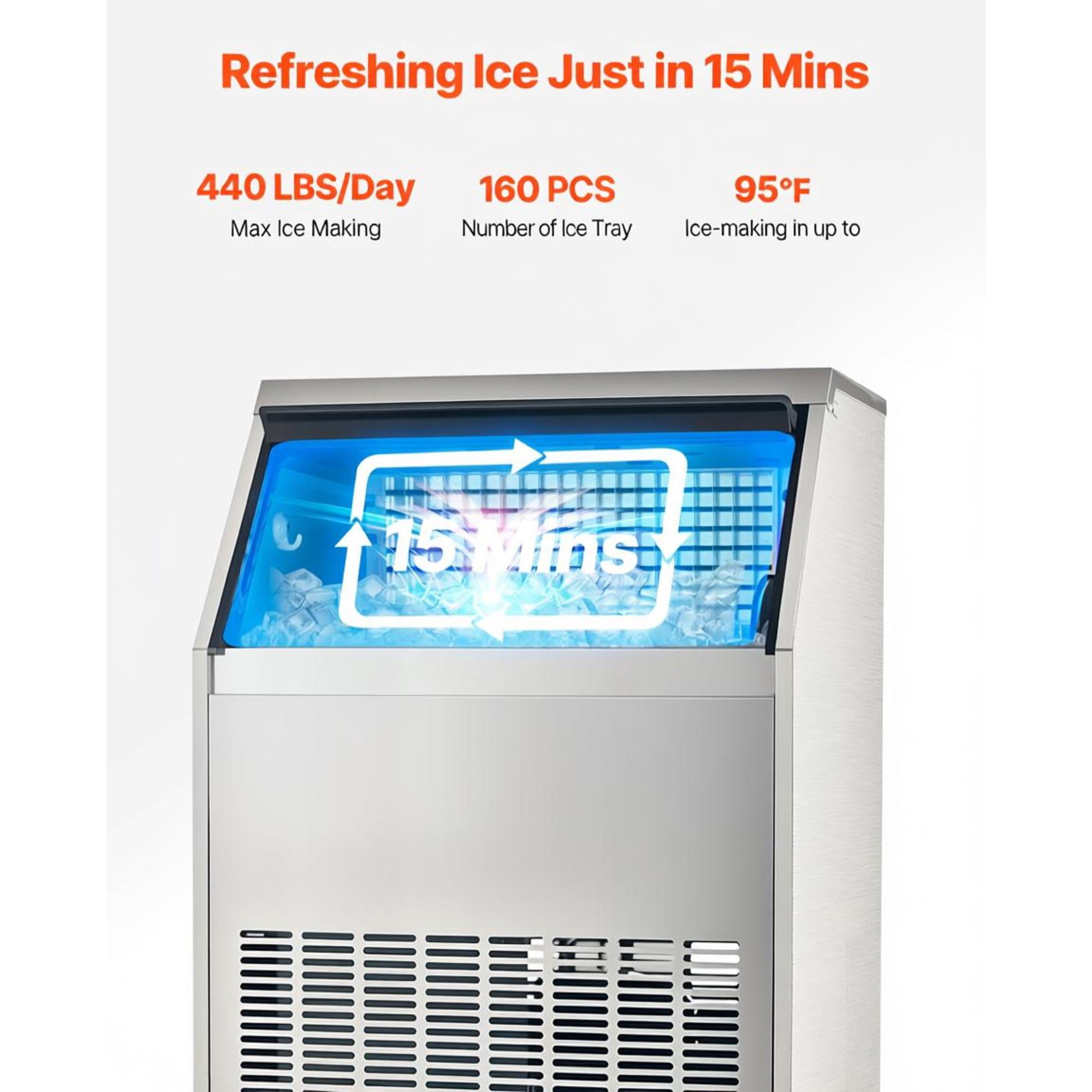 Commercial Ice Maker, 440 lbs/24H, 130 lbs Storage, Freestanding Self-Cleaning Ice Machine with Drain Pump, LED Display for Restaurant Bar Office