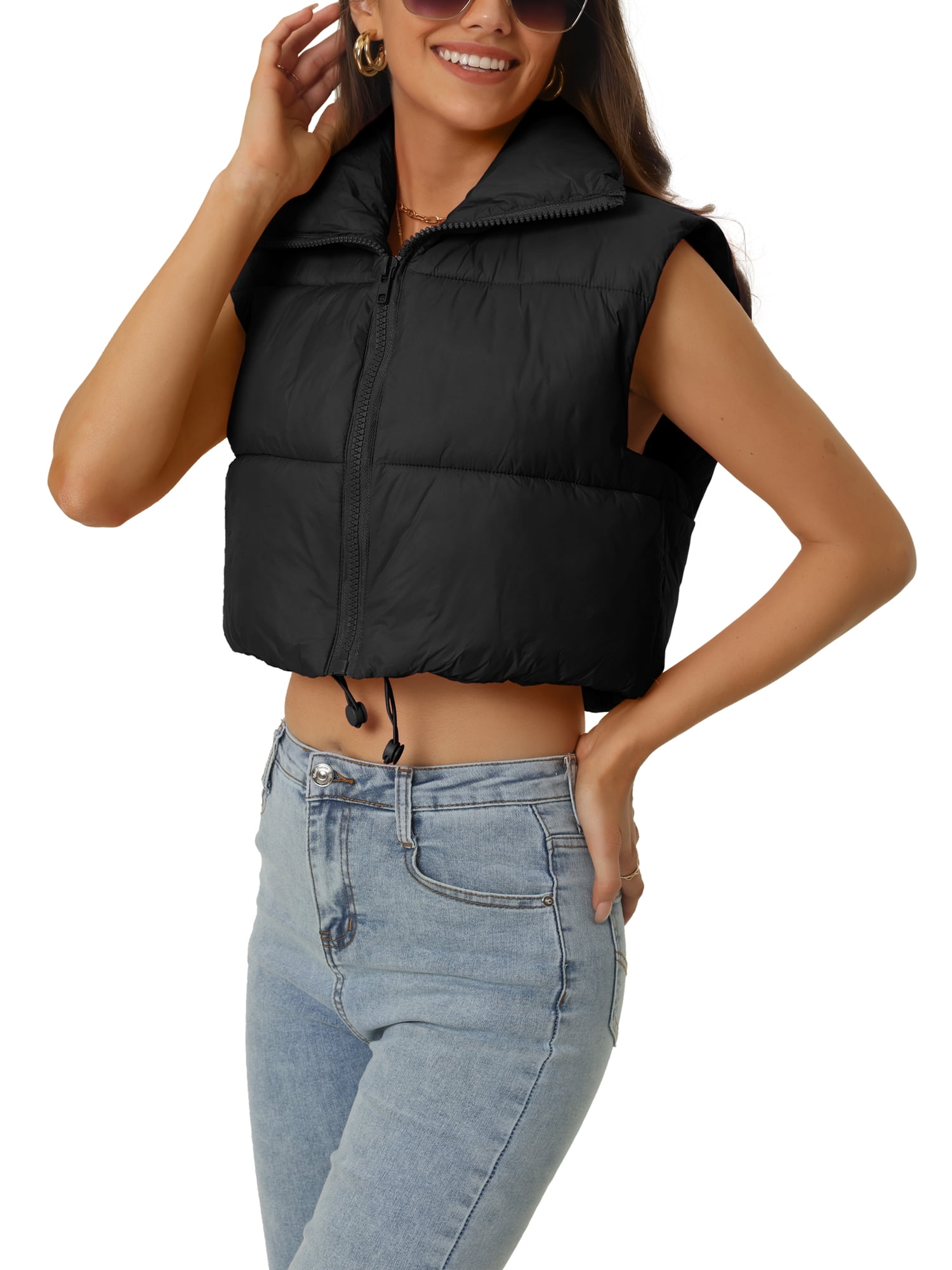 Unique Bargains Women's Padded Vest High Stand Collar Zip Crop Fashion Jacket Puffer Vests XL Black
